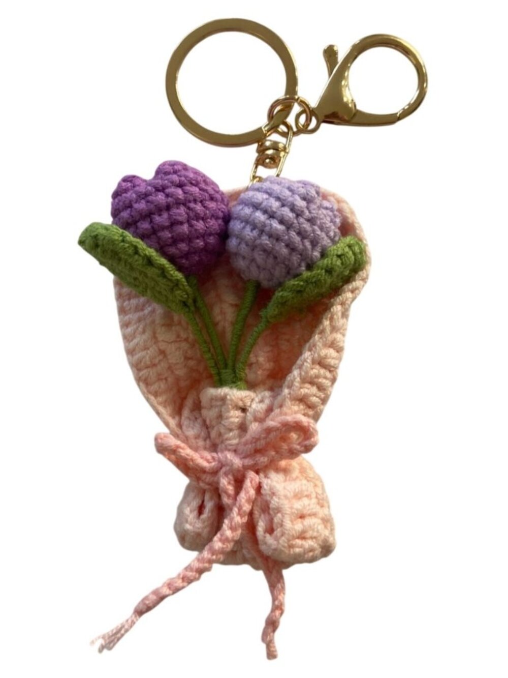 BOHO Crocheted Tulip Flower Bouquet Keychain Bag Charm Handmade Purple NEW